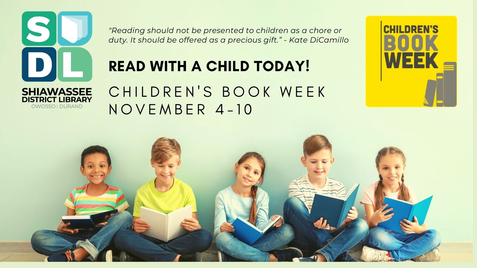 smiling children reading with CBW logo and library logo