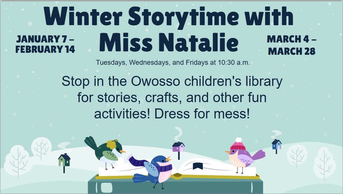 birds in winter attire perched on a book winter storytime with miss natalie at Owosso Tue, Wed, Fri Jan 7 - Feb 14