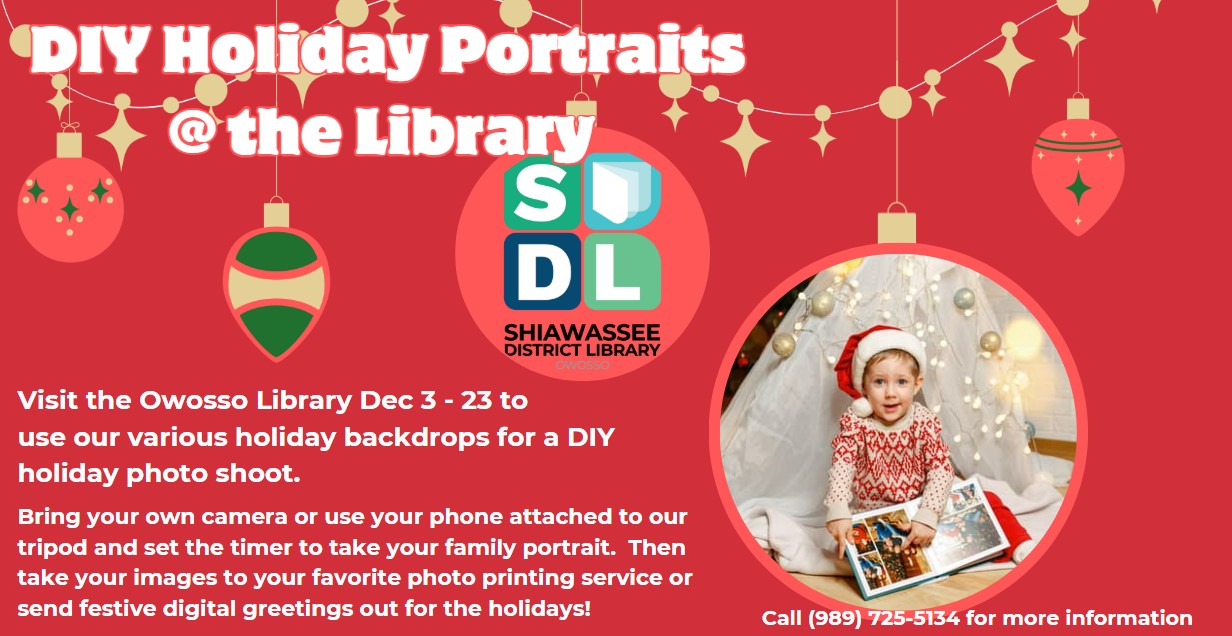 red background with holiday ornaments - one with library logo and one with child in santa hat