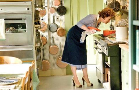 movie still photo of Meryl Streep as Julia Child cooking