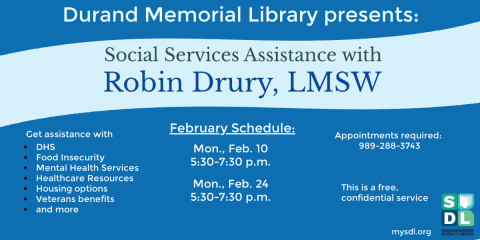 Image of Social Services Assistance February 10 and 24 at Durand Memorial Library